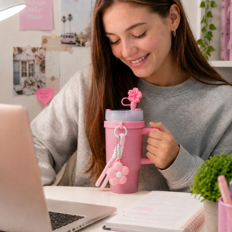 Vaso térmico de acero con accesorios y tapita 420ml Rosado