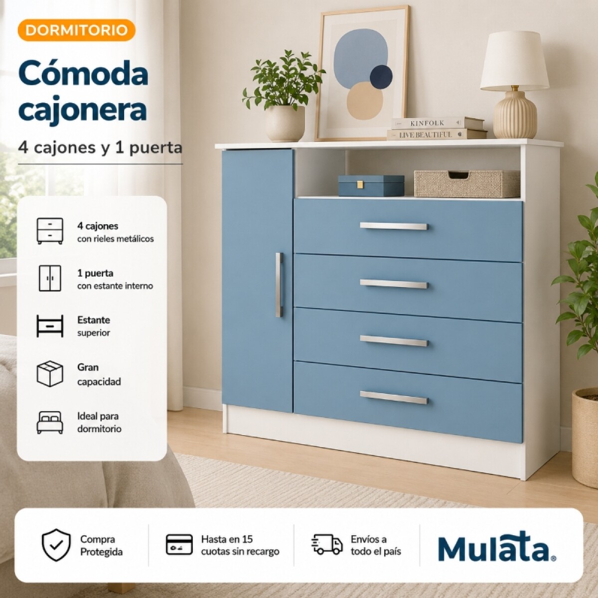 Cómoda cajonera 4 cajones 1 puerta 93x38x91 - Blanco / Celeste 
