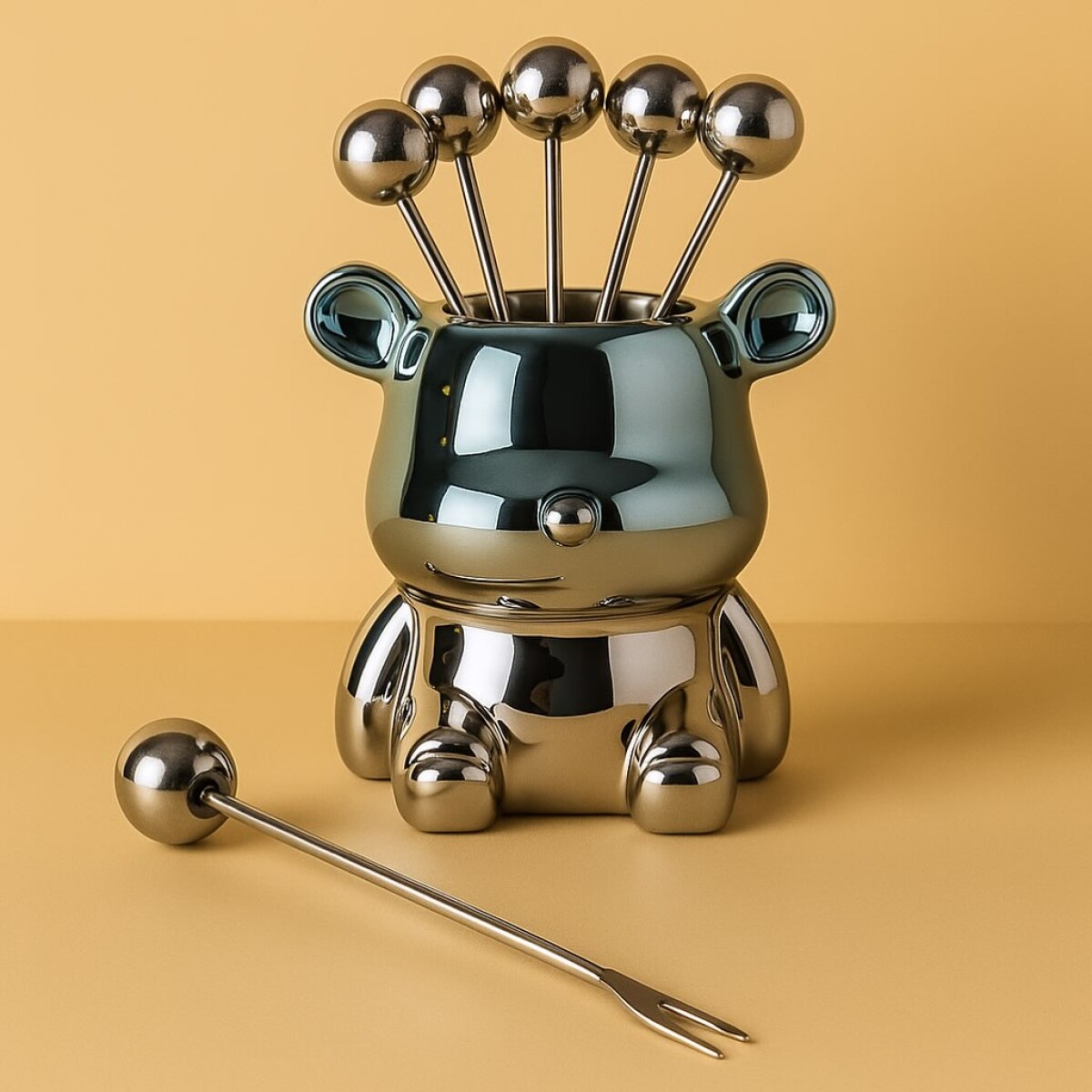 Set 6 Pinchos Metálicos C/Soporte Plástico C/Forma Osito 
