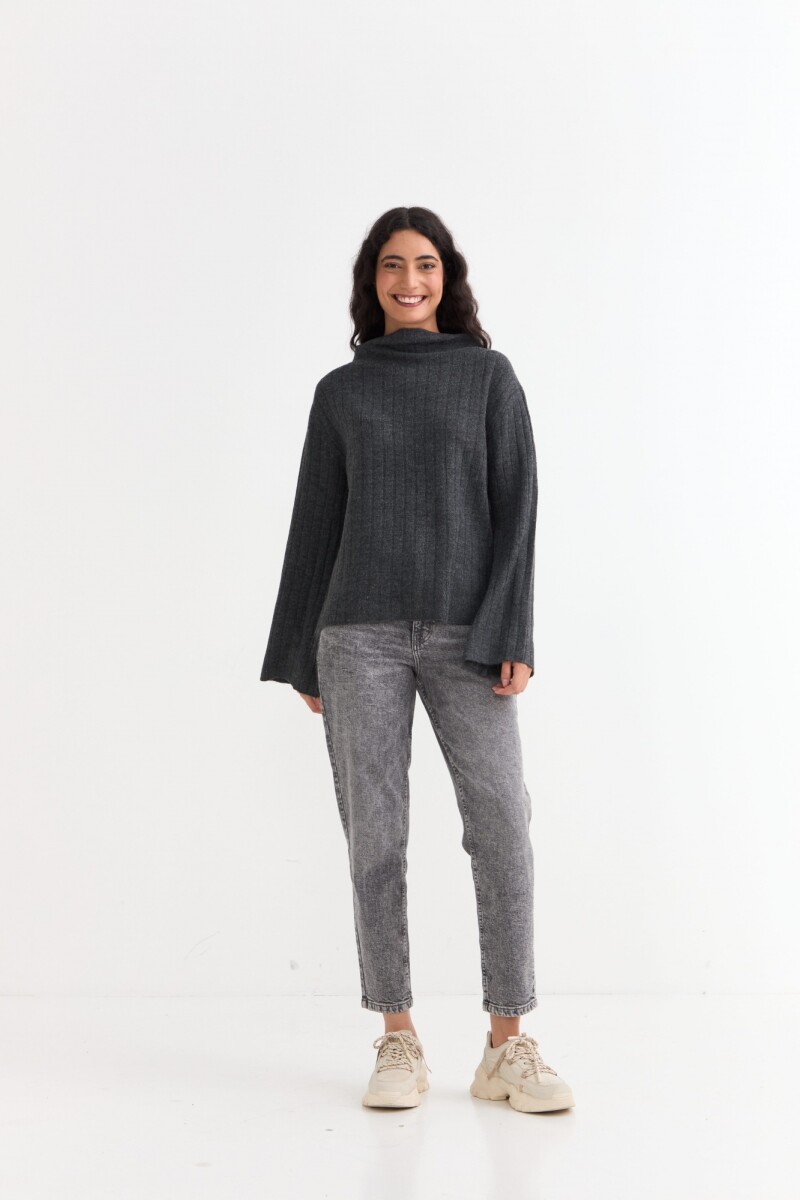 Sweater canalé con mangas oxford GRIS OSCURO