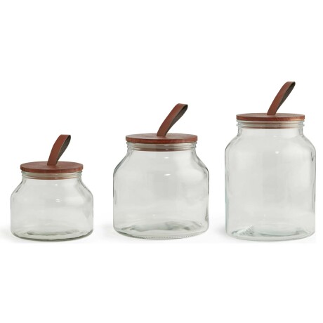 Set X3 Frascos Recipientes en Vidrio con Tapa Madera y Cuero Transparente