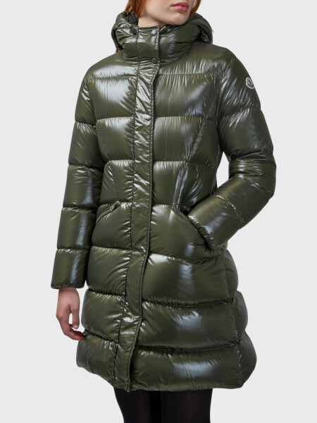 Moncler - Campera larga rellena de plumas con cinto ajustable, Bellevue Verde
