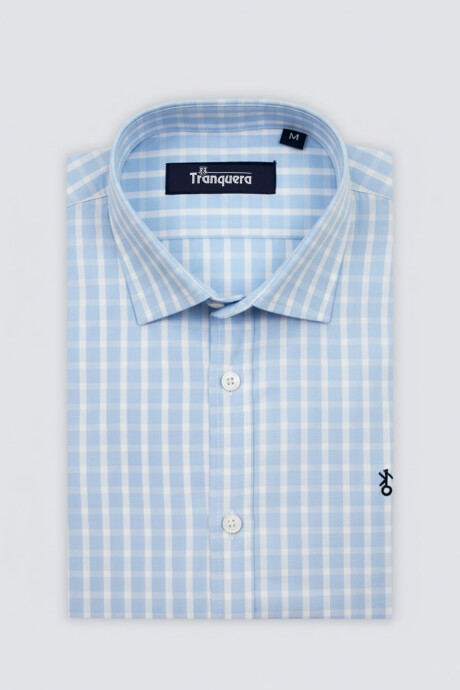 Camisa de Hombre Premium Cuello s/Botones Cuadros Celestes