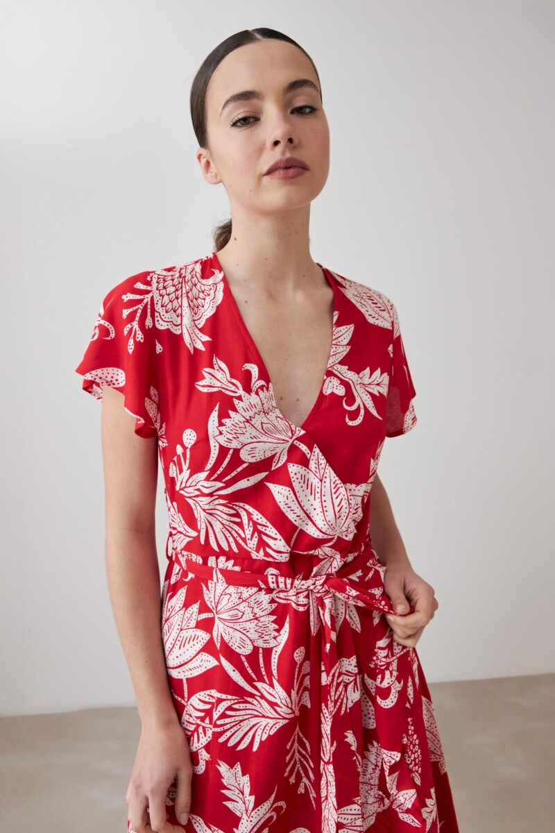 Vestido cruzado con estampa floral rojo
