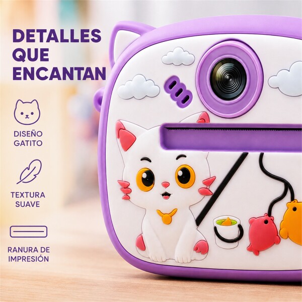 Cámara Infantil Instantánea Gatito con Doble Lente y Selfie Violeta