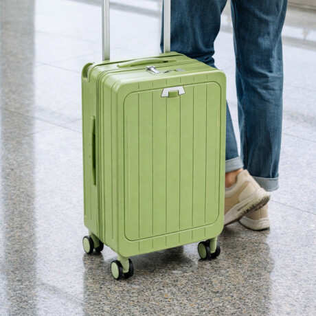 Valija carry on rí­gida con apertura delantera y cargador USB Verde
