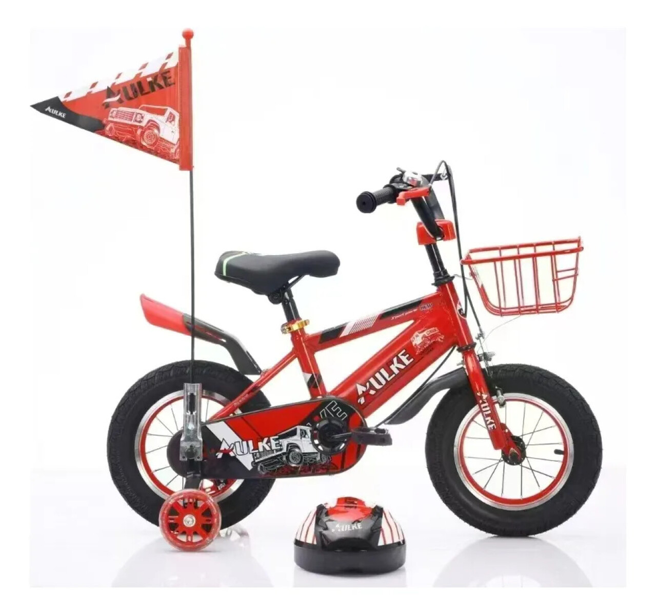Bicicleta rodado 16 con rueditas, canasto, casco y banderita - Rojo 