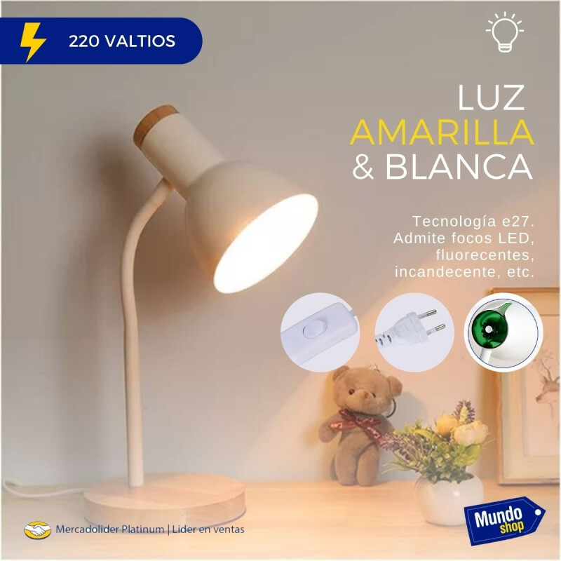 Lampara De Escritorio Portatil Nordica Con Madera Vintage Blanco