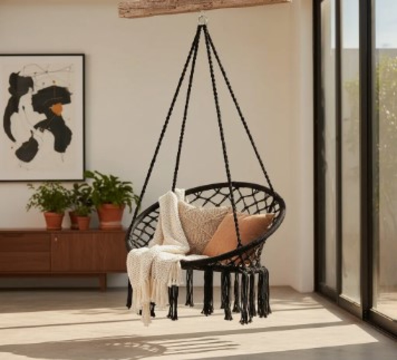 Silla Colgante / Hamaca Negra Algodón Ø 95cm x Alto 195cm 