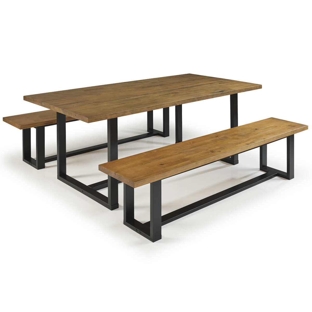 JUEGO DE MESA Y 2 BANCOS RECTAGULARES CON TAPA EN MADERA MACIZA 