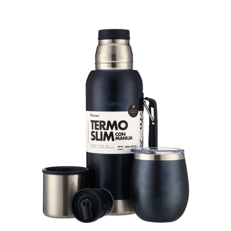 Kit Termo 750Ml. Slim Con Manija + Mate De Acero Con Tapa Azul Metalizado