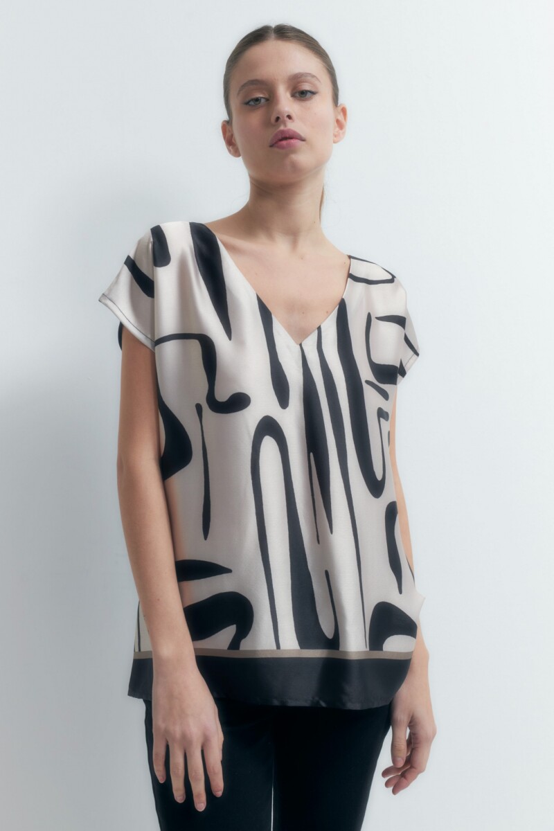 Blusa frente estampado abstracto - negro 