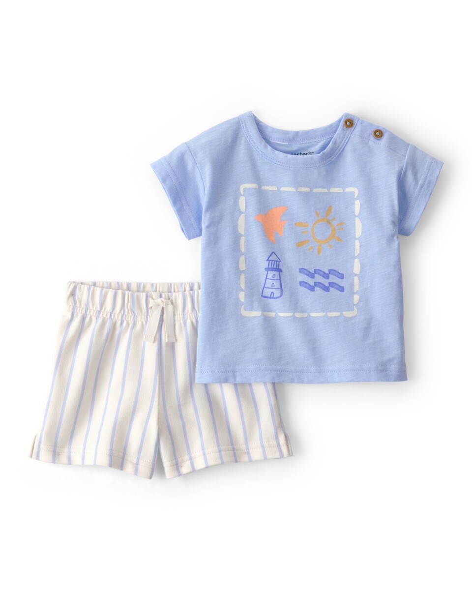 Set dos piezas de algodón, short y remera, azul y marfil, estampa faro 