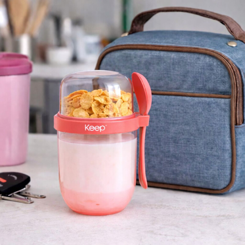 Tupper para Yogur y Snack con Doble Compartimento y Cuchara Salmon