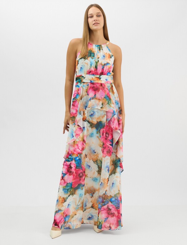 Vestido Largo Estampado Floral Con Cuello Halter MULTI/ROSA