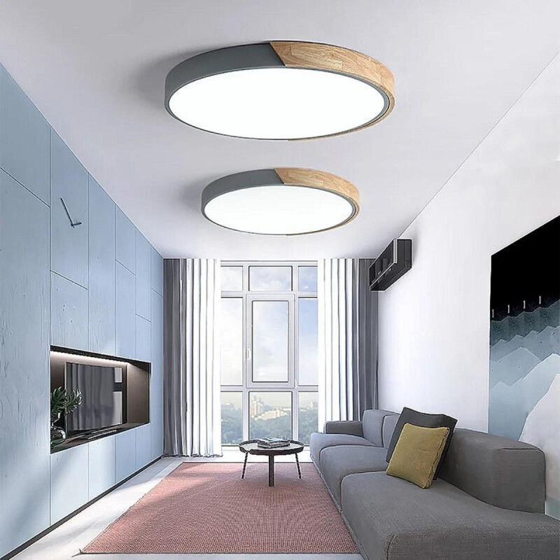 Luminaria Plafón Led 50cm Metal Y Madrera Luz Cálida Gris