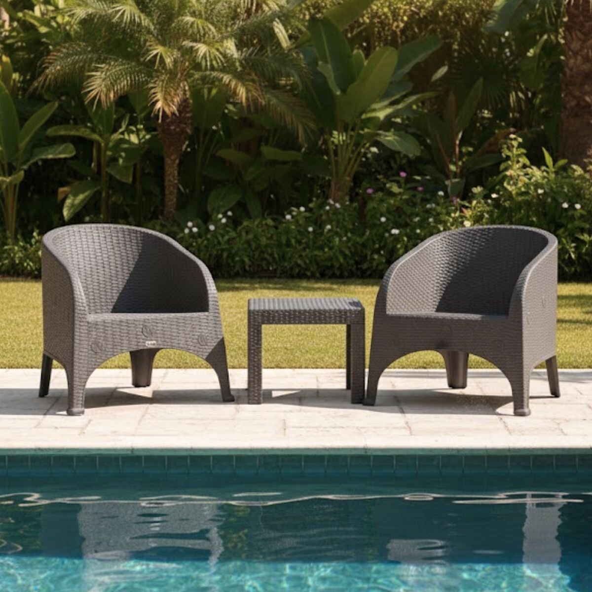 Set x2 sillones símil ratán + Mesa cuadrada - GRIS 
