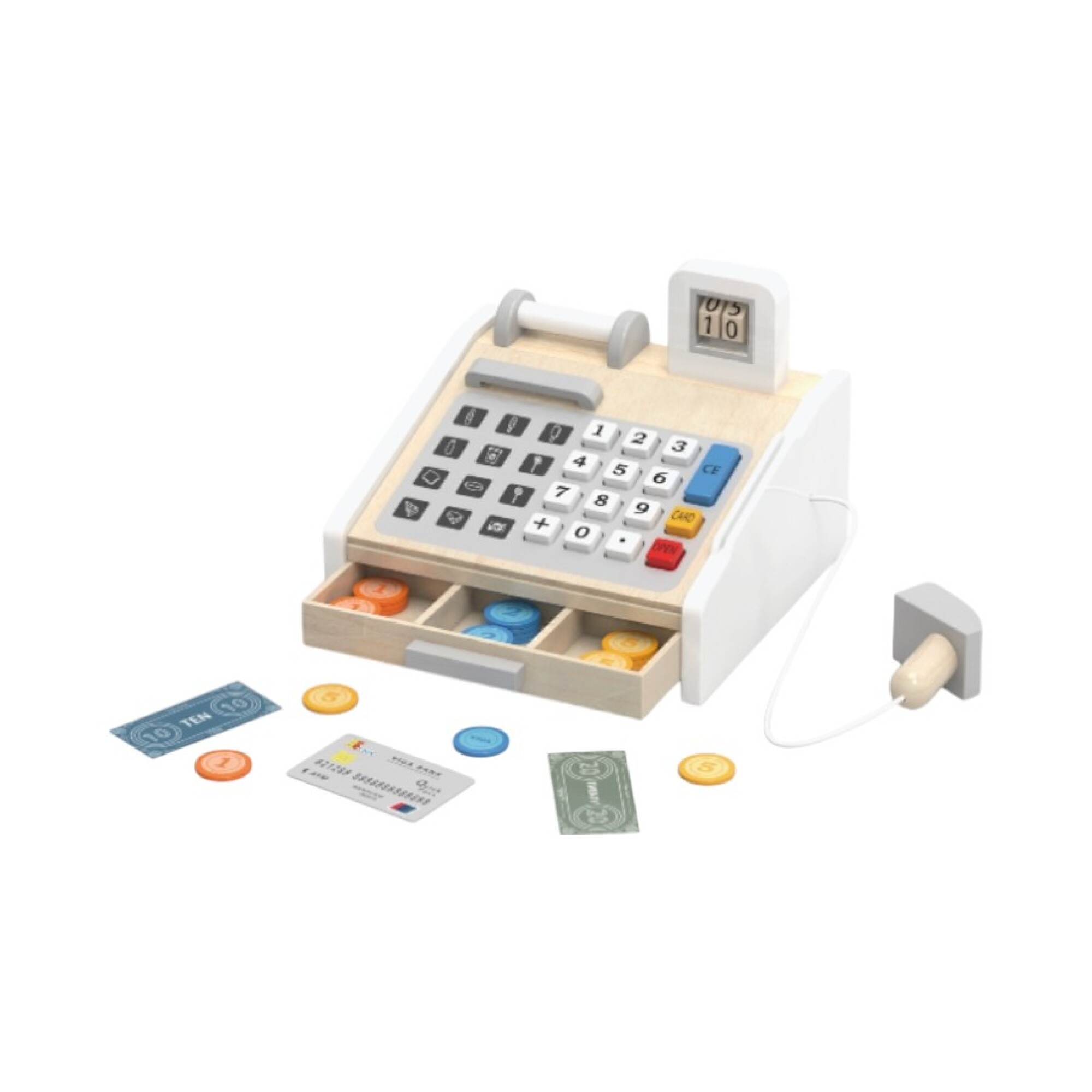 Leomark Caja Registradora De Madera 2 En 1 – Con Calculadora, Escáner, Terminal Y Billetes, Juguete Educativo De 3+ Años