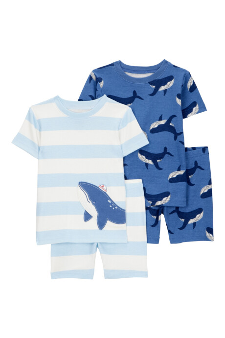 Pijama cuatro piezas de algodón, dos bermudas y dos remeras, diseño ballenas Sin color