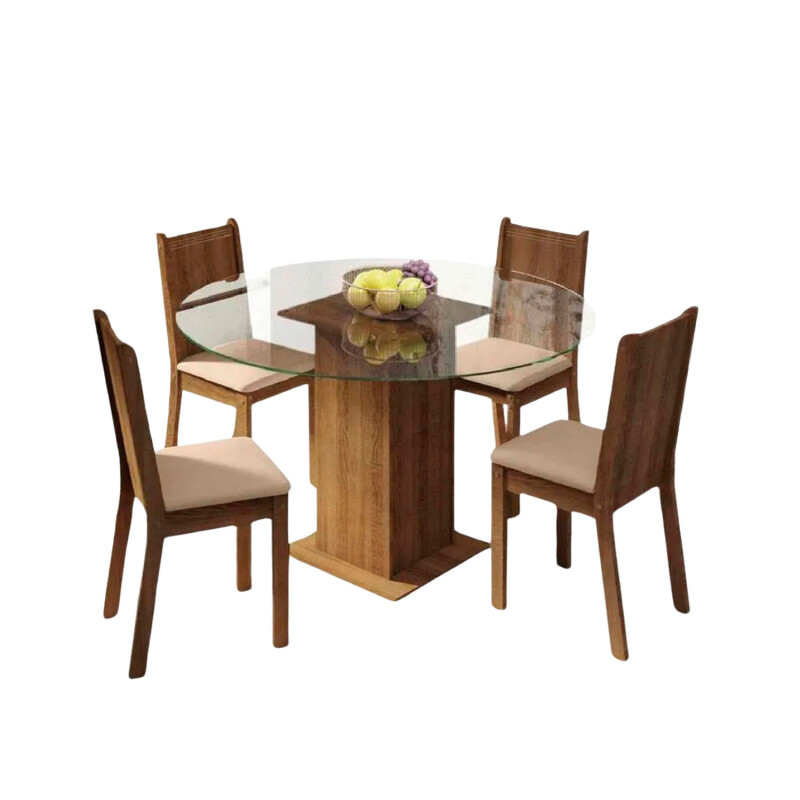 Juego de comedor con mesa redonda de vidrio y 4 sillas rústicas Beige