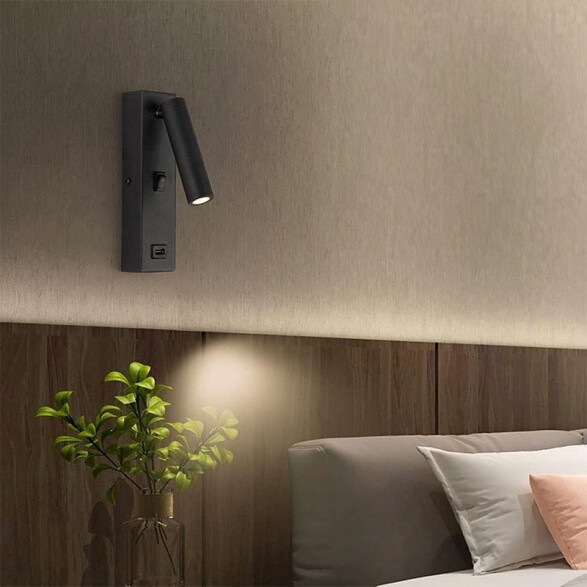 Aplique pared LED negro spot 3W cálido +puerto USB IX9256