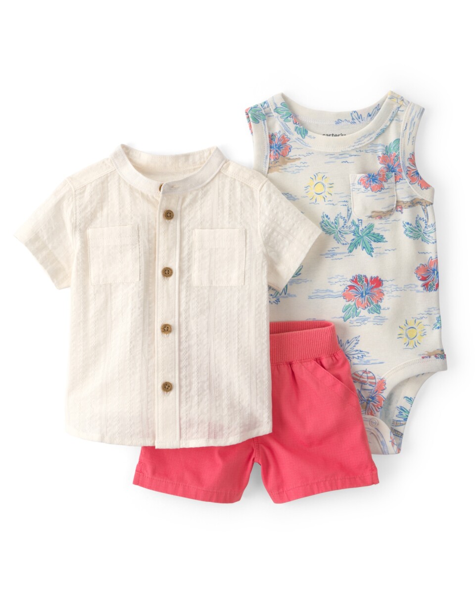 Set tres piezas de algodón, short, camisa mil rayas y body tropical 