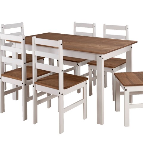 JUEGO DE COMEDOR 6 SILLAS PINO BLANCO 140X80 JUEGO DE COMEDOR 6 SILLAS PINO BLANCO 140X80
