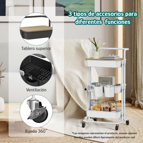 Carrito Organizador Multiuso 3Niveles Ruedas 360° Tapa Blanco