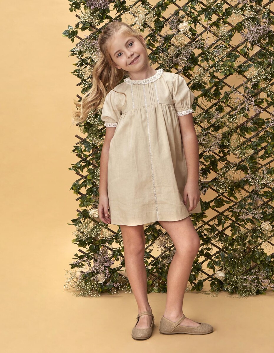 Vestidode Lino Con Tiras Bordadas - Marron 