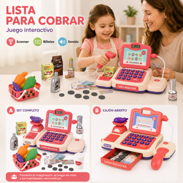 Caja Registradora Infantil Juguete C/ Sonido y Accesorios Color Rosa