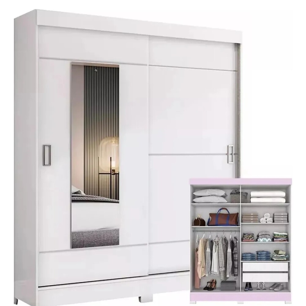 ROPERO 2 PUERTAS CORREDIZAS CON ESPEJO GUARDARROPA ARMARIO PLACARD CLOSET BLANCO