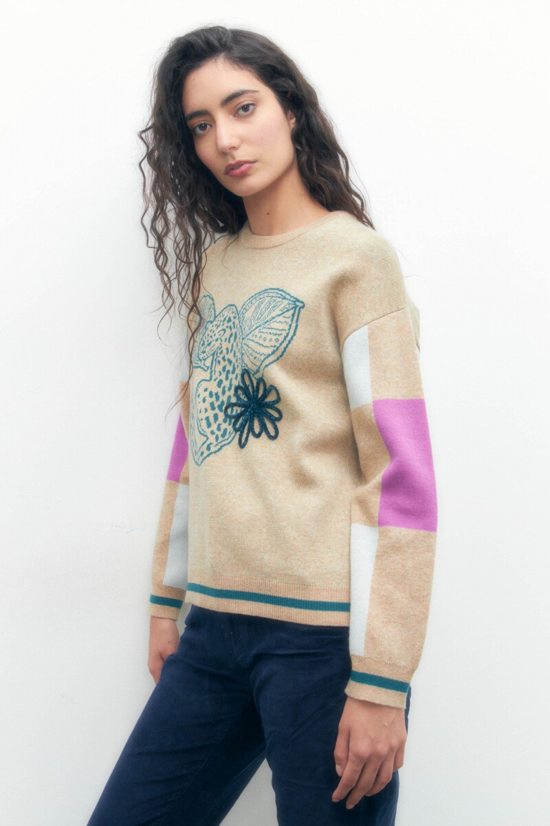 Sweater con jacquard leopardo tostado melange