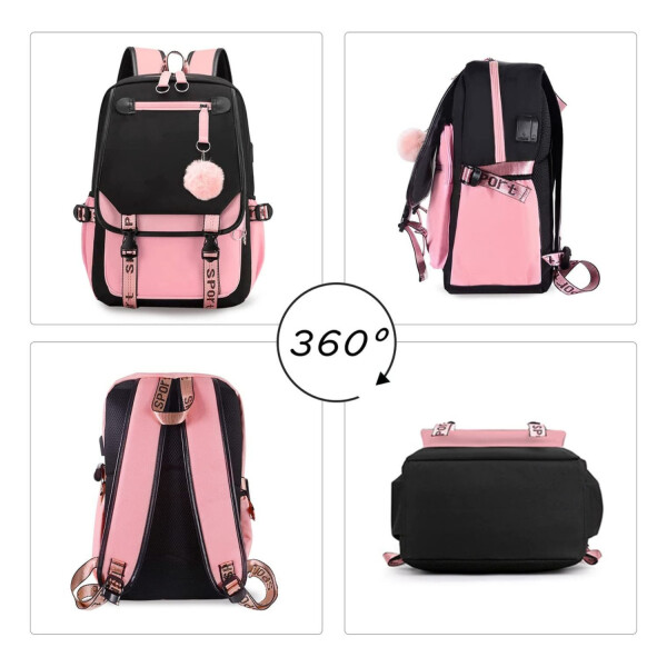 Pack x3 Mochila Kawaii Impermeable Usb Multuso Resistente Variante Color Rosa Negro