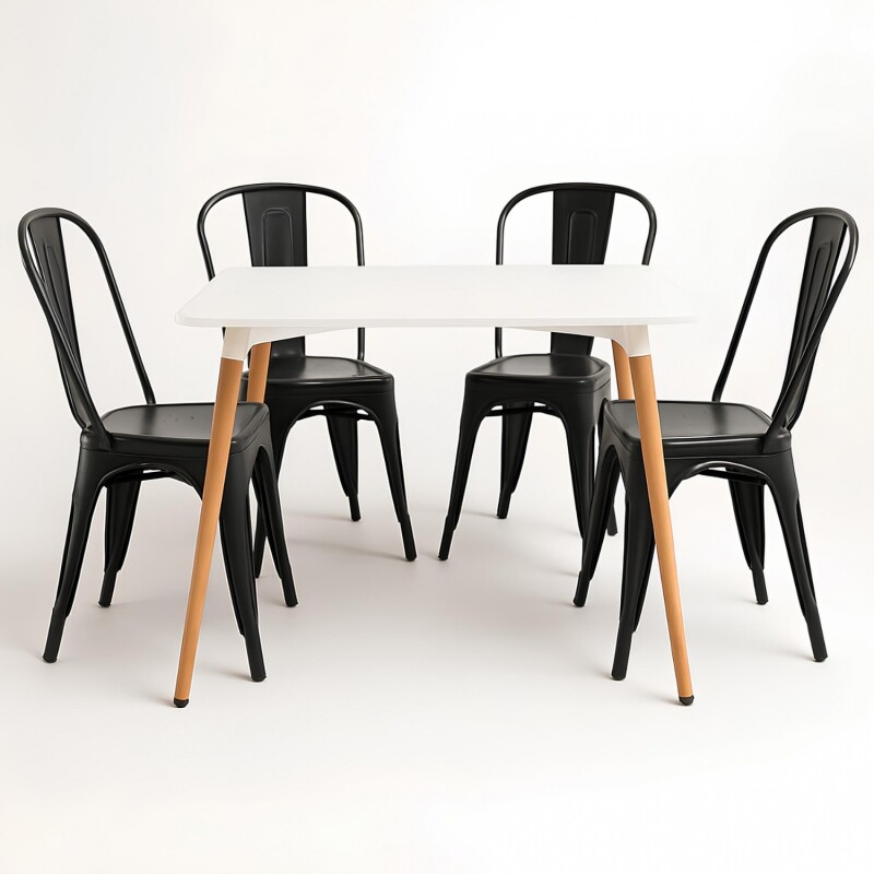 Juego de comedor mesa Cuadrada 80cm + 4 Sillas Tolix Blanco