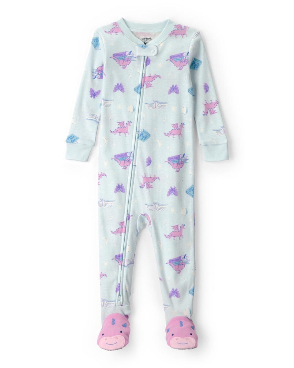 Pijama enterito de algodón con pie, azul, diseño dragones. Talles 2-5T 