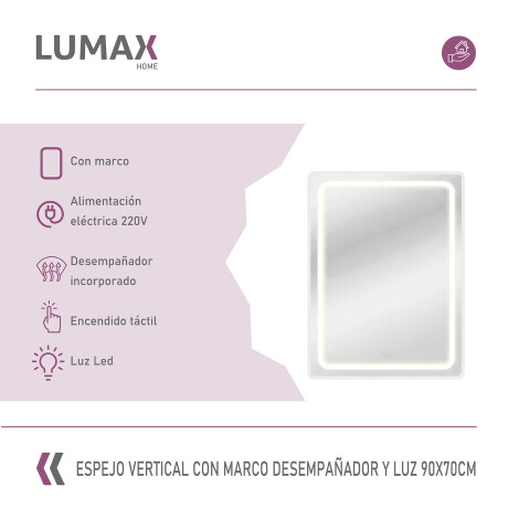 Espejo Vertical Lumax c/marco desempañador y Luz 90x70cm Blanco