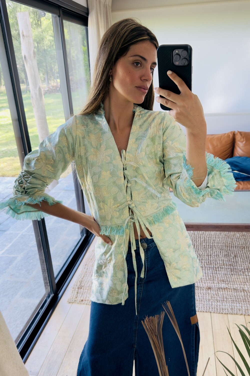 Long Smock Shirt Brocato Verde Agua