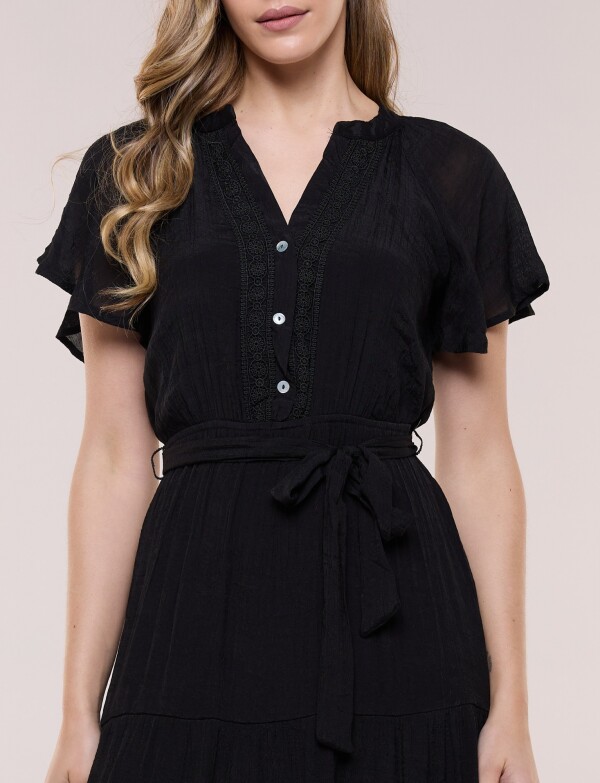 Vestido Con Lazo & Detalle Puntilla NEGRO