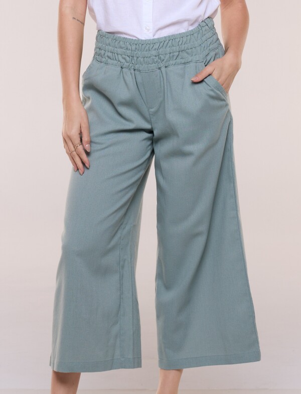 Pantalón De Lino Crop Con Cintura Elastizada VERDE