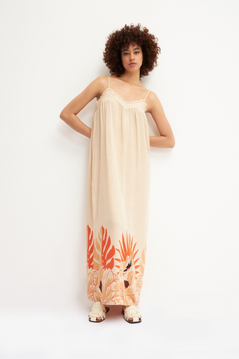 Maxi vestido con guarda floral estampada beige melange