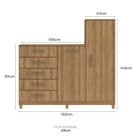 Comoda Cajonera Rack TV 46" de 5 cajones 2 puertas 1 perchero y 3 estantes internos para Dormitorio o Living - FE - Miel Comoda Cajonera Rack TV 46" de 5 cajones 2 puertas 1 perchero y 3 estantes internos para Dormitorio o Living - FE - Miel