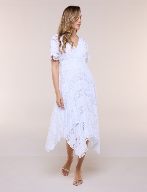 Vestido De Encaje Con Frunces BLANCO