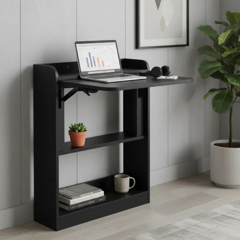 Escritorio plegable con estantes Negro