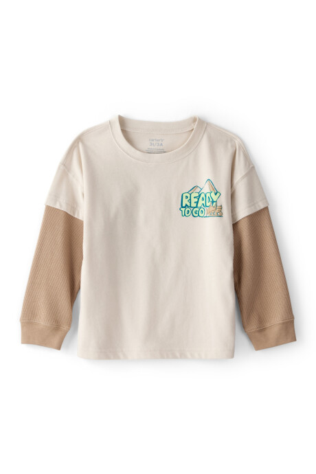 Remera de algodón, manga larga, beige, estampada Sin color