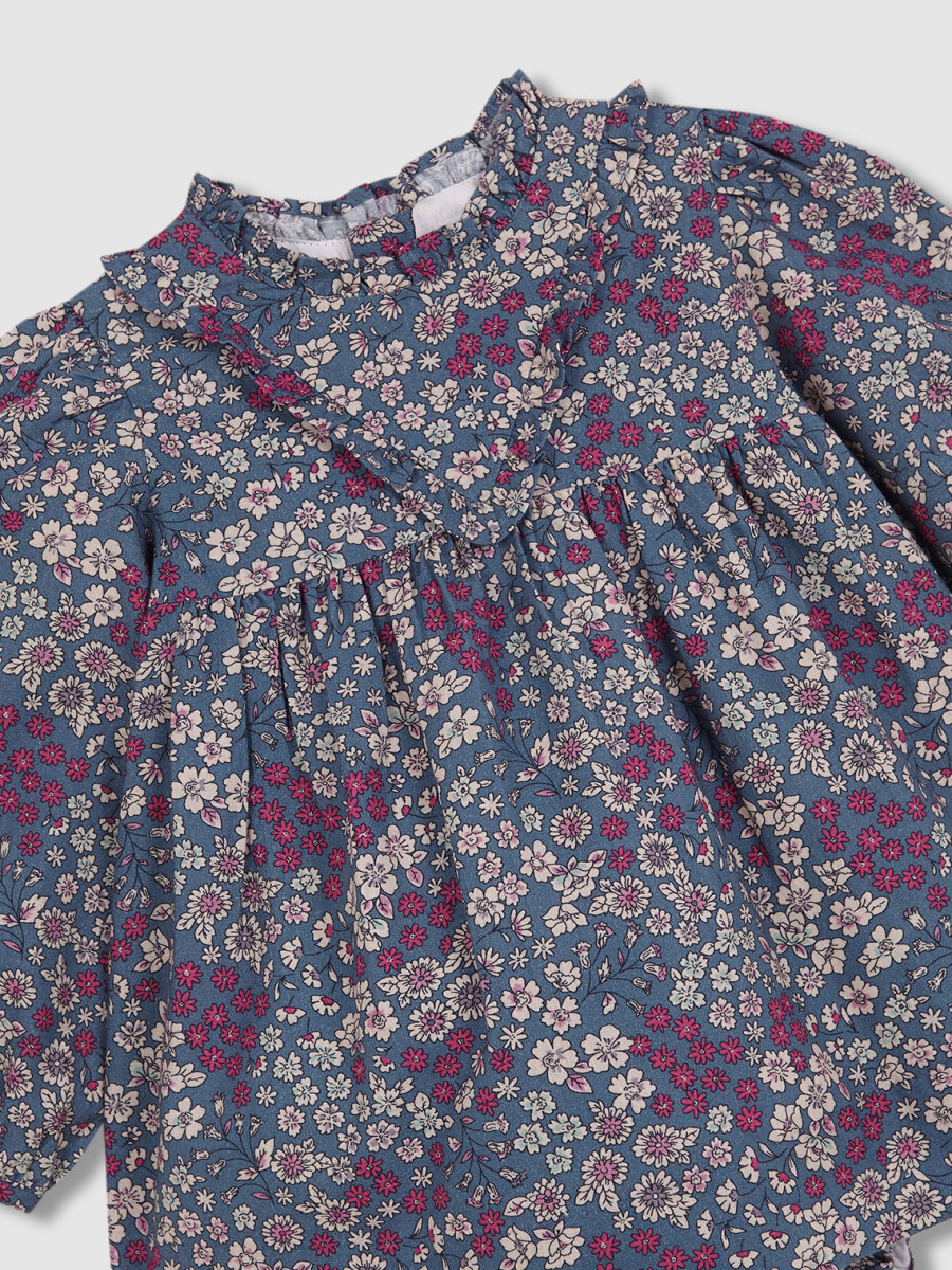 Vestido Flores Con Volante Azul Viejo