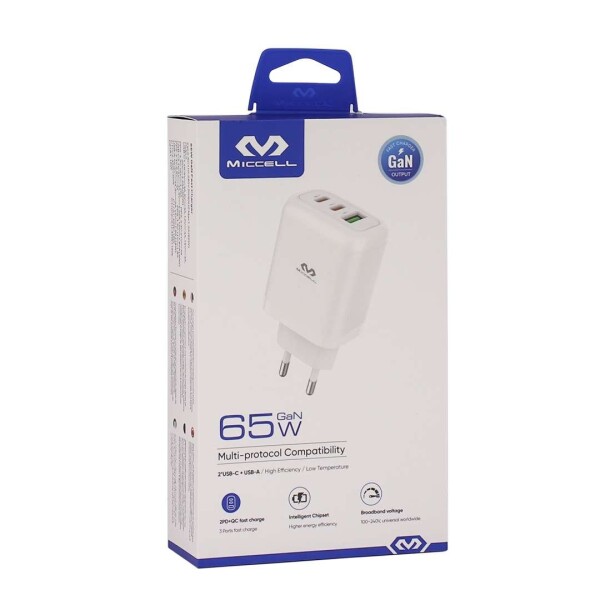 Ficha Cargador Miccell T12 65W 3 Puertos 2 USB C USB Celular Variante Color Blanco