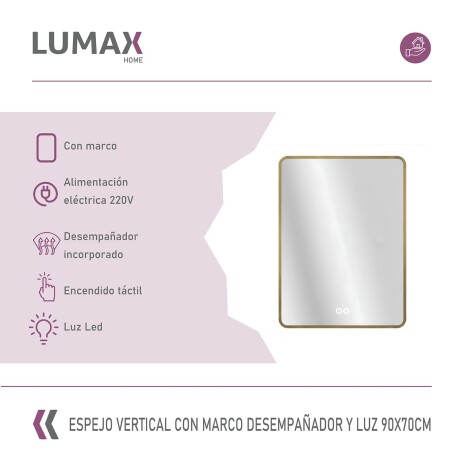 Espejo Vertical Lumax c/marco desempañador y Luz 90x70cm Dorado