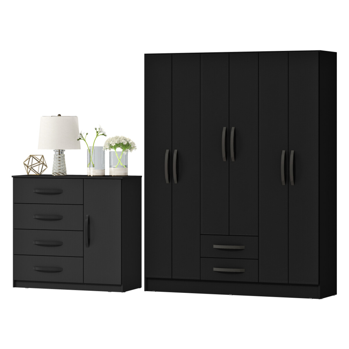 Combo Armario 6 Puertas y Cómoda - MDP - Negro 