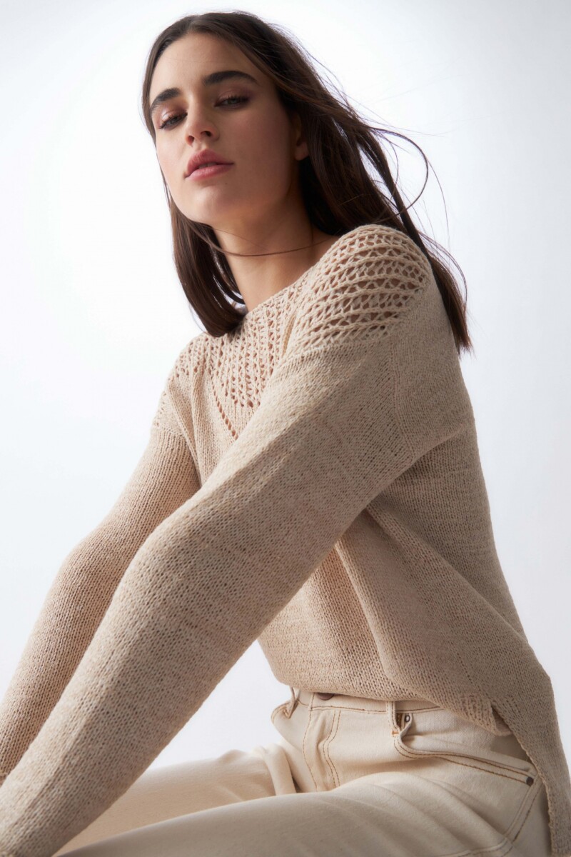 Sweater cinta escote bote calado beige melange