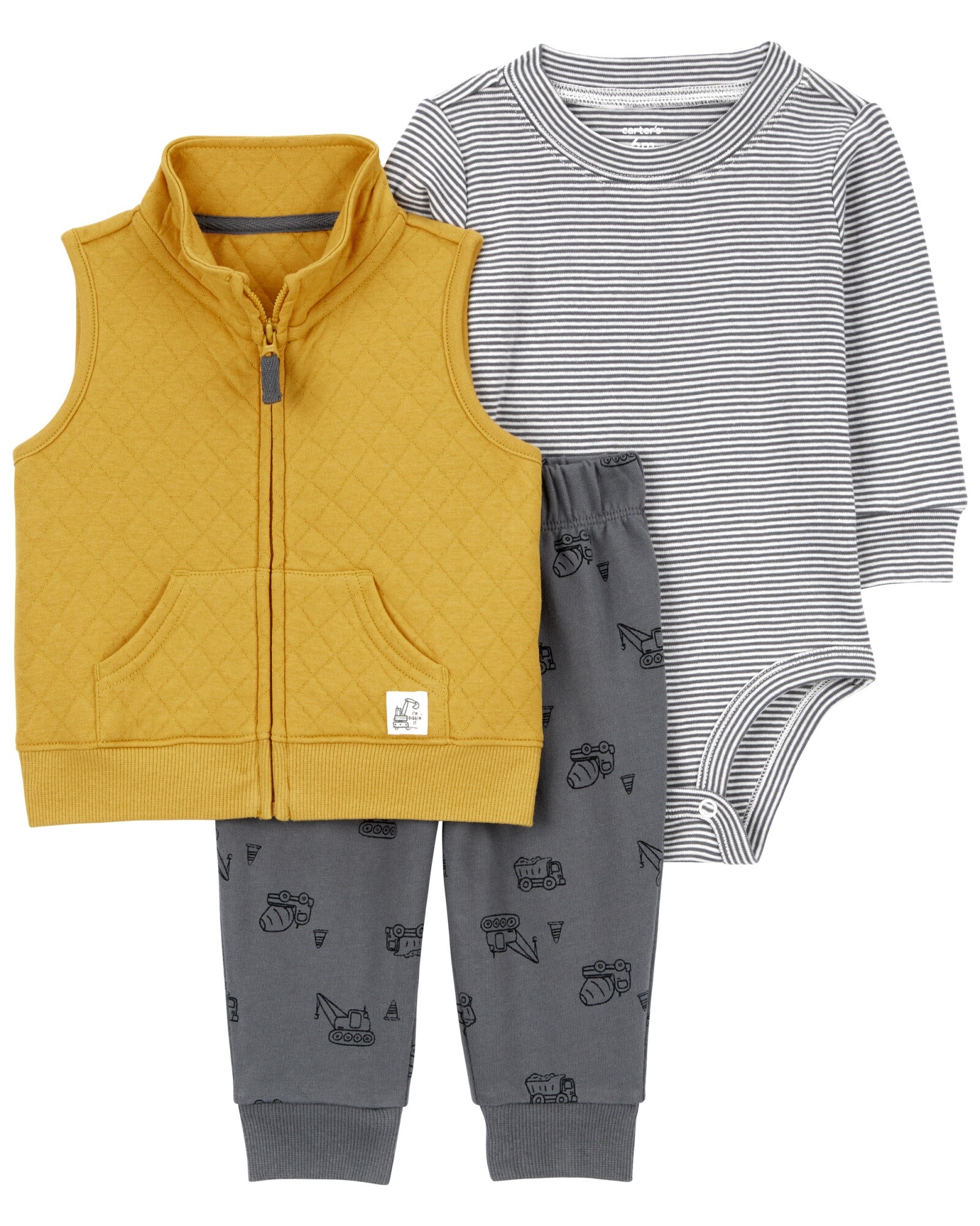 Set tres piezas de algodón, chaleco capitoneado, pantalón y body, diseño constructor Sin color